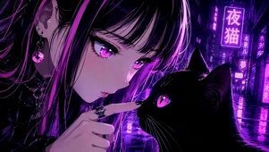 赛博紫夜黑猫美少女