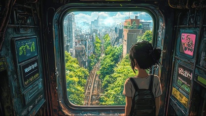 夏日清新城市列车女孩