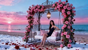 晚霞映衬海滩鲜花吊架椅悠闲美女