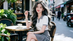 街角咖啡店喝咖啡的甜美笑容美女