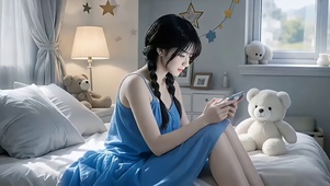 在床边玩手机的着蓝色睡衣美女