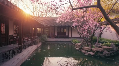黄昏傍晚庭院池塘古树