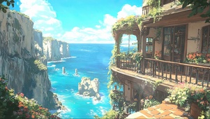 鲜花海岛小屋插画