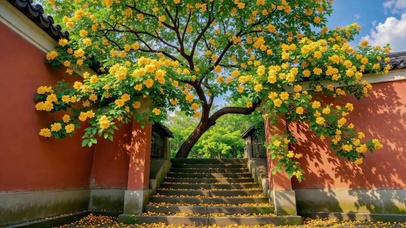 红墙黄花古风庭院风景