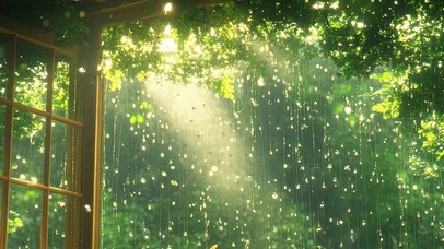 护眼窗外雨天雨滴树木绿景双屏