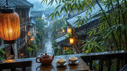 江南雨景小镇