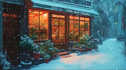 蓝调温馨雪夜街角商店