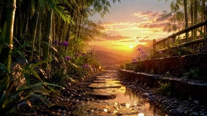 雨天翠竹夕阳