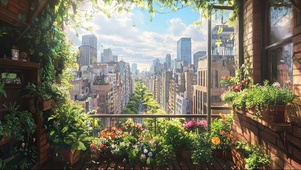眺望夏日清新城市阳台