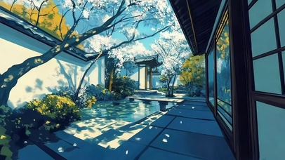 清新淡蓝古风园林庭院