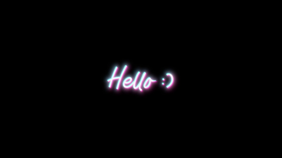 纯黑背景上的青蓝粉紫渐变霓虹发光手写花体文字“Hello :)”