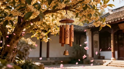 秋日庭院阳光桂花树风铃治愈氛围