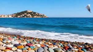 海边彩色石头蓝天白云海浪拍打