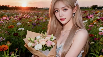 晚霞映衬美丽田野捧花美女