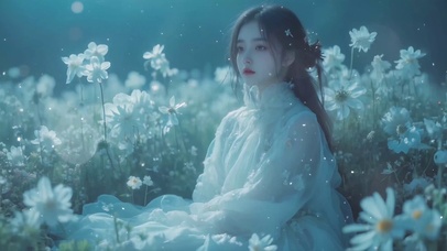 夜晚花海中的美女