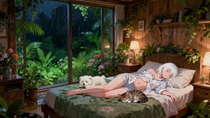 萌宠雨夜熟睡女孩