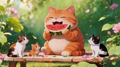 围着吃瓜的小猫