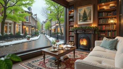 暖炉雪景书房