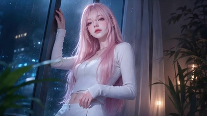 雨夜窗边粉发纯欲少女