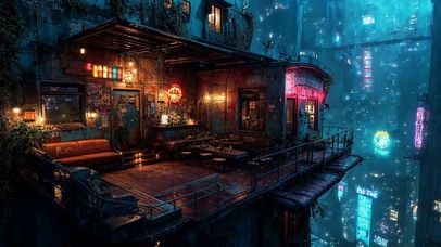 未来雨夜城市阁楼