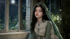 月夜窗边古风清纯美女