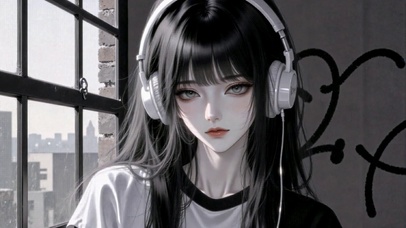 窗边戴耳机的二次元美少女