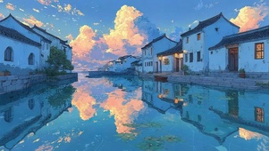  白墙黑瓦江南水乡古城