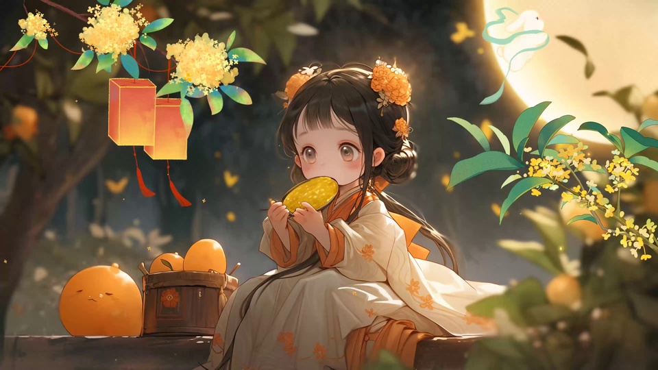 穿米白汉服的盘发少女双手捧着金黄月饼，身旁摆着橘形团子，周围有悬挂的灯笼与桂花枝叶，背景是暖黄满月。