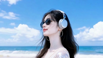 蓝天下耳机女孩