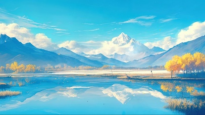 蓝天秋日高山湖畔倒影