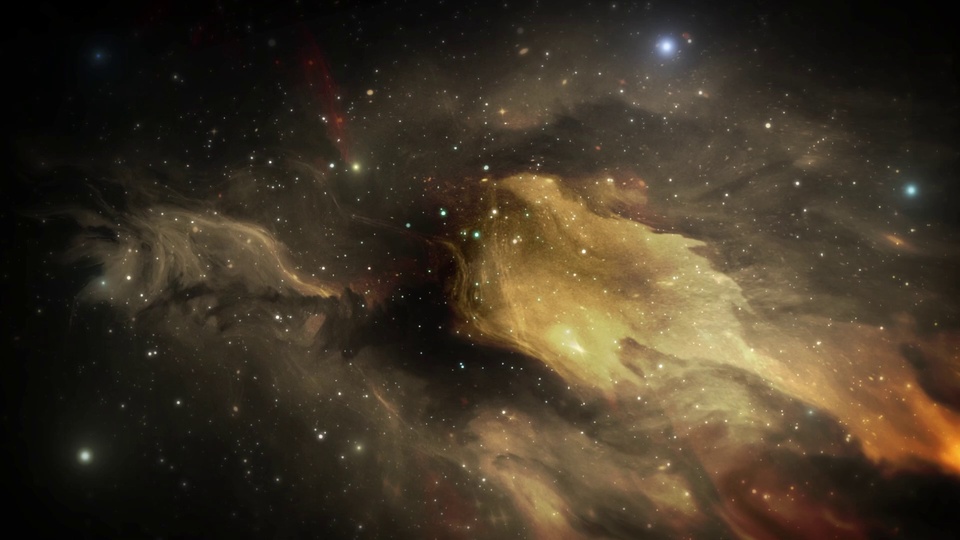 深黑色深空背景，暖金色夹杂灰棕色的弥散星云分布其间，空间中布满零散分布的恒星。