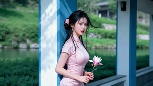 公园长廊旁手拿鲜花的旗袍装美女