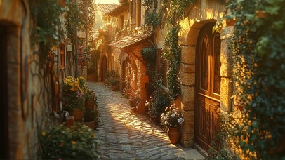 落日夕阳欧式小镇街道