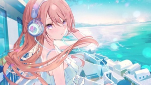 海边听音乐少女
