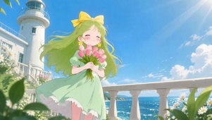 海边捧花可爱女孩