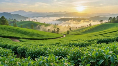 晨雾山间绿野茶园日出风光