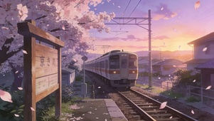 晚霞樱花下火车