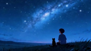 满天星辰男孩与猫共赏