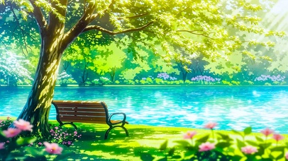 夏日湖边树下长椅