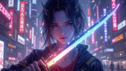 赛博朋克霓虹剑姬美女