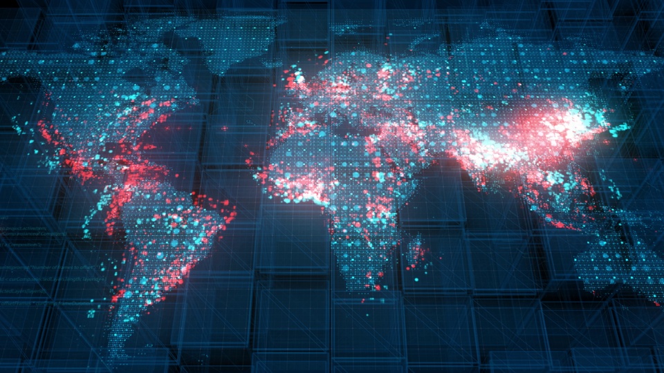 发光点阵构成的3D数字化世界地图，青蓝色大陆轮廓搭配深蓝色科技网格背景，带有亮红色点位标记，为赛博朋克科技风格。