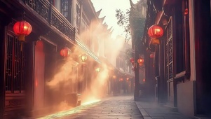 朦胧古风小城无人街道