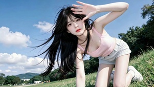 晴天草地清纯美少女