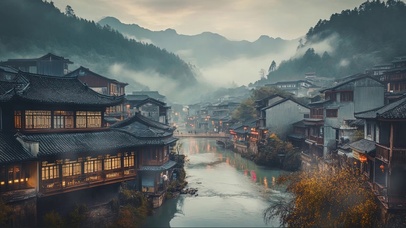 山林水乡古风河岸建筑