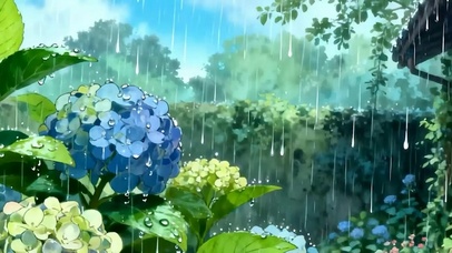雨天院子花朵带鱼屏