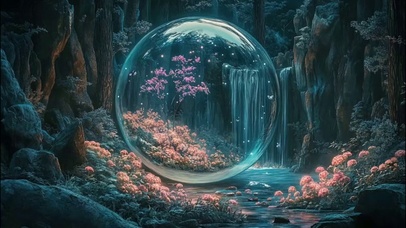 森林神秘花海瀑布风景