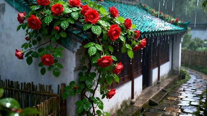 雨天 房屋花草