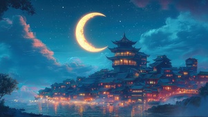 弯月星空湖畔古风小镇
