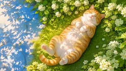 阳光下花丛酣睡的橘猫