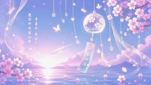柔和梦幻樱花湖畔粉蓝色